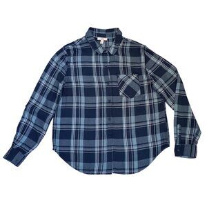 Como Vintage Navy Plaid Button-Down Shirt – Women’s Casual Long Sleeve, Size M
